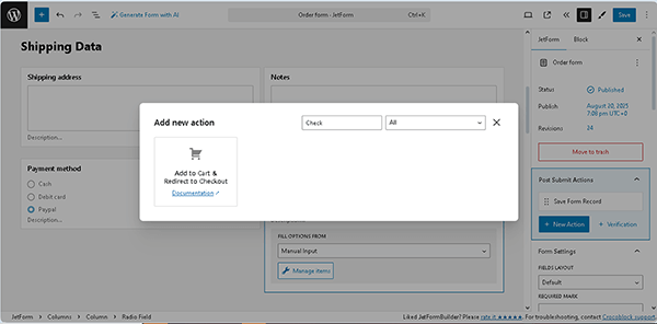 inserting the add to cart and redirect to checkout post submit action