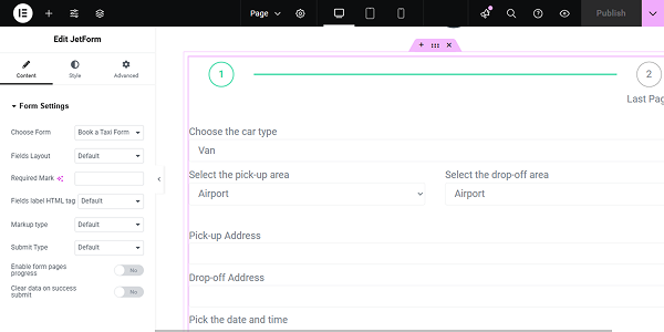 jetform widget added to the page