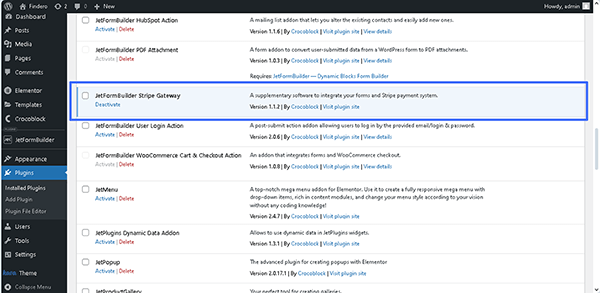 jetformbuilder stripe gateway add-on in the dashboard