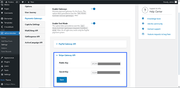 payment gateway tab in the jetformbuilder dashboard