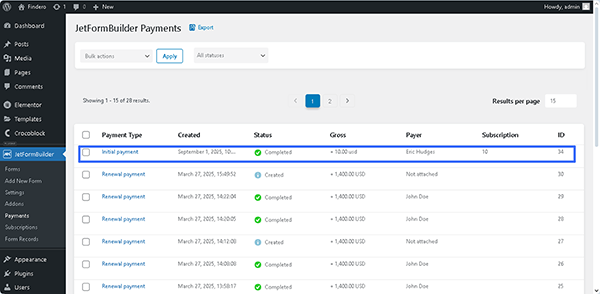 payment added to the jetformbuilder dashboard