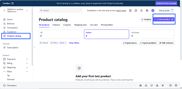 product catalog tab of the stripe dashboard