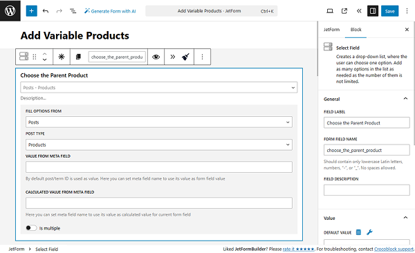 select field with the products source