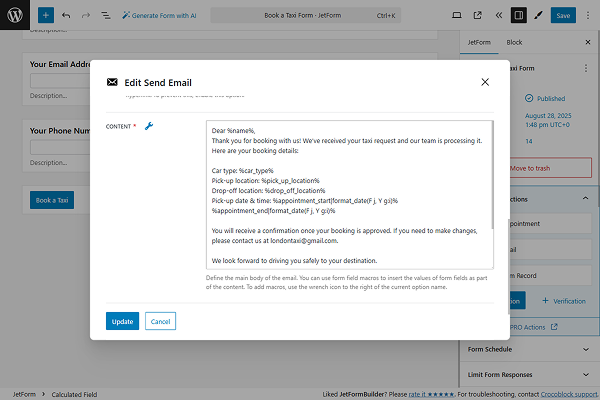 send email content set up