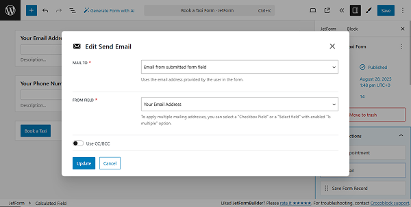 send email submit action settings
