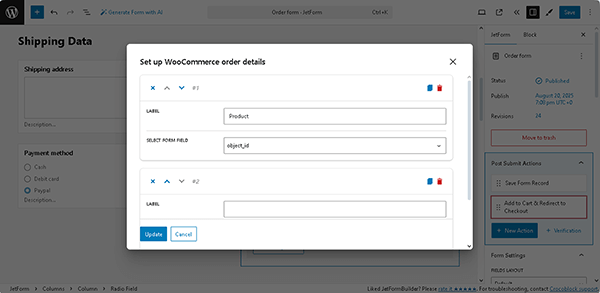set up woocommerce order details pop-up fields