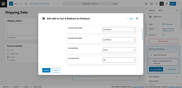 setting the woocommerce chechout fields