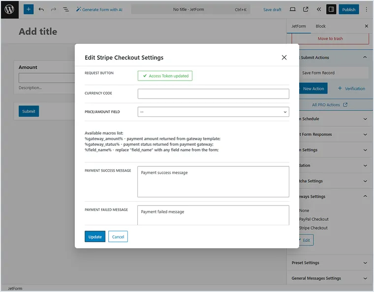 stripe checkout access token updated