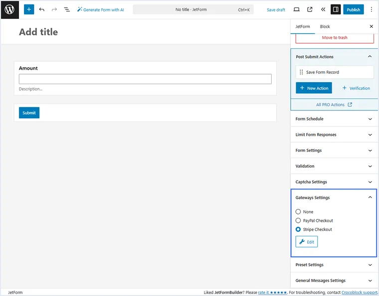 stripe checkout in the gateways settings section