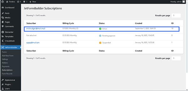 subscriptiion added to the jetformbuilder dashboard