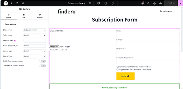 the jetform widget added to a page