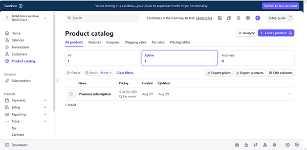 the subscription in the product catalog tab