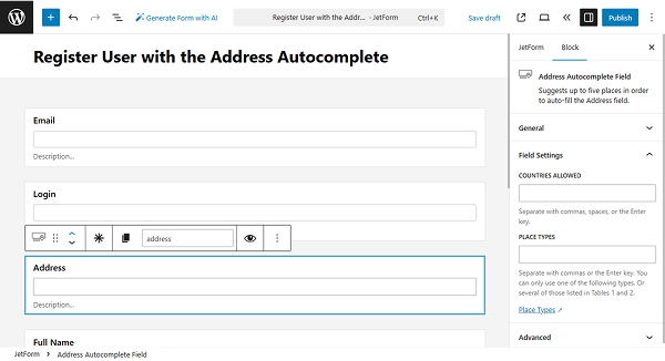 address autocomplete field settings