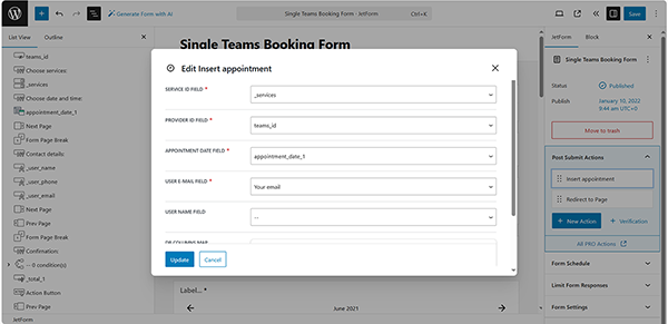 configuring the insert appointment post submit action