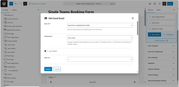 configuring the send email post submit settings