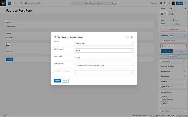 connect relations submit action set up