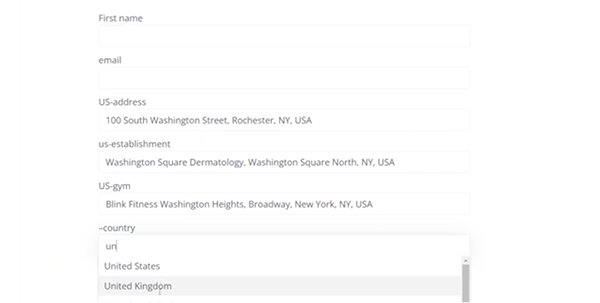 country address autocomplete field on the front