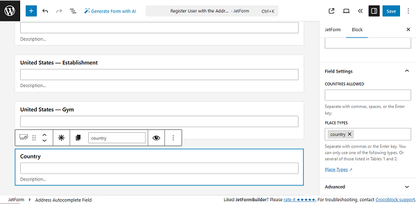 country address autocomplete field settings