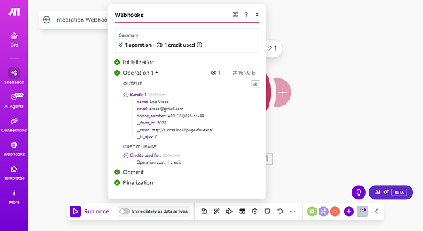 form data passed to the integromat