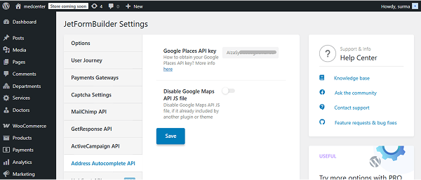 google api added to the settings