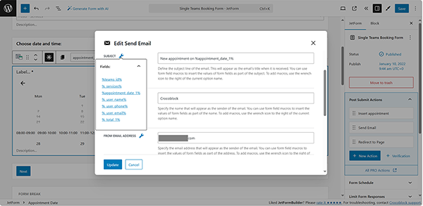inserting field data into the send email post submit actions