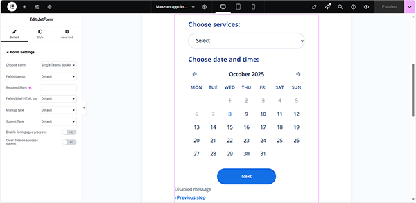 inserting the form via the jetform widget