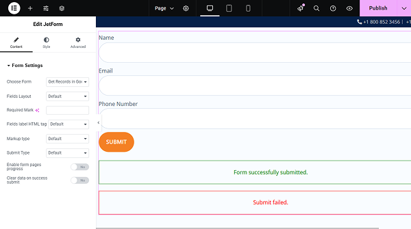 jetform widget added to the page