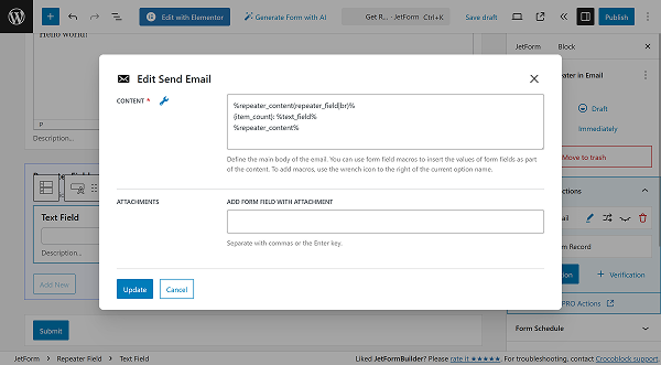 repeater in email content set