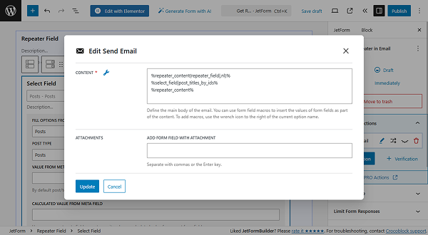 select field in email content