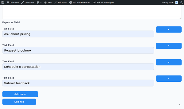 text fields filled on the front