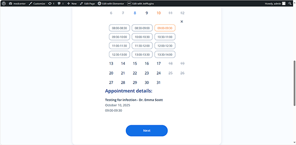 the appointment confirmed on the front-end
