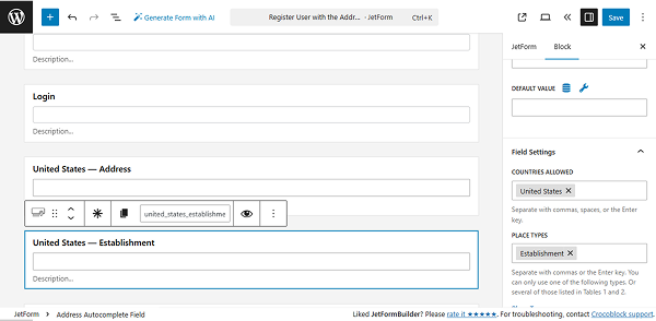 us establishment address autocomplete field settings