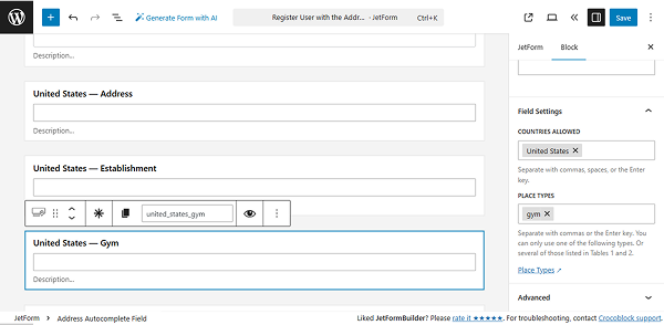 us gym address autocomplete field settings