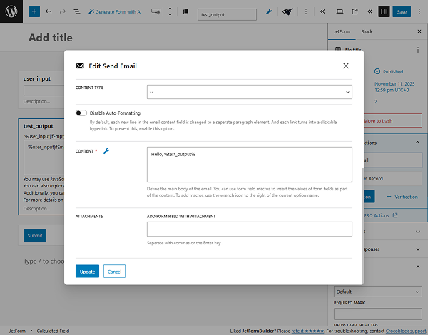calculated field name in the send email action settings for jetformbuilder