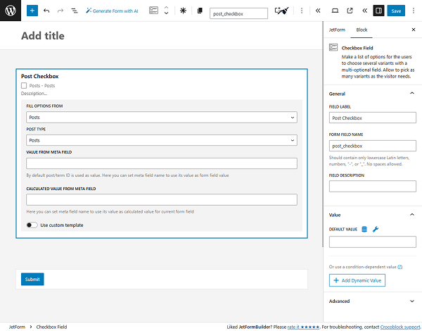 checkbox field with the posts source