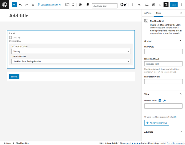 checkbox form field with the glossary source