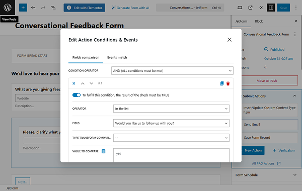 condition set for the send email action