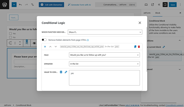 conditional block for the checkbox yes option