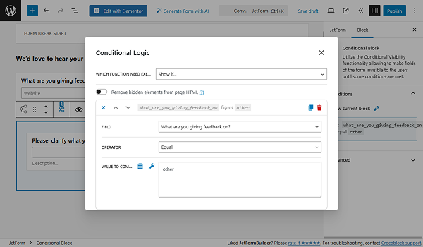conditional block settings for the text field