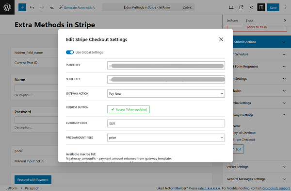edit stripe checkout setting popup