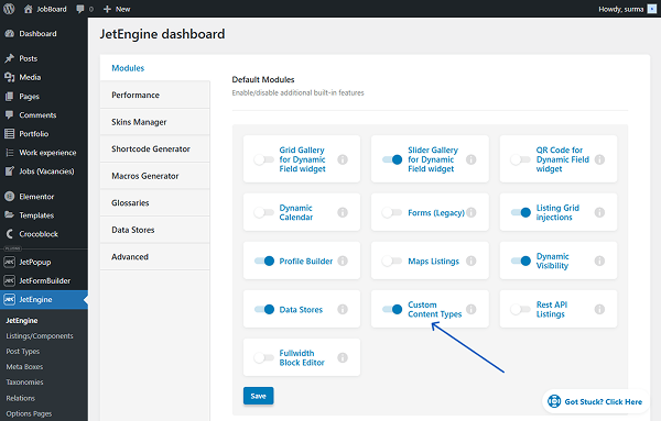 enable custom content types toggle