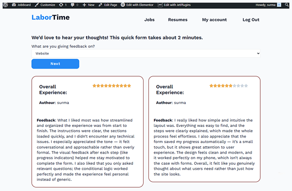 feedback form and feedback list are on the front end