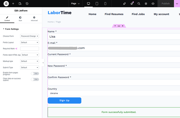 form added to the page