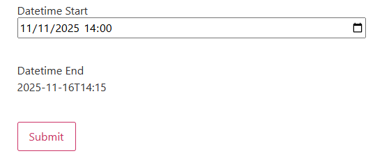 form showing a selected datetime and a calculated final datetime