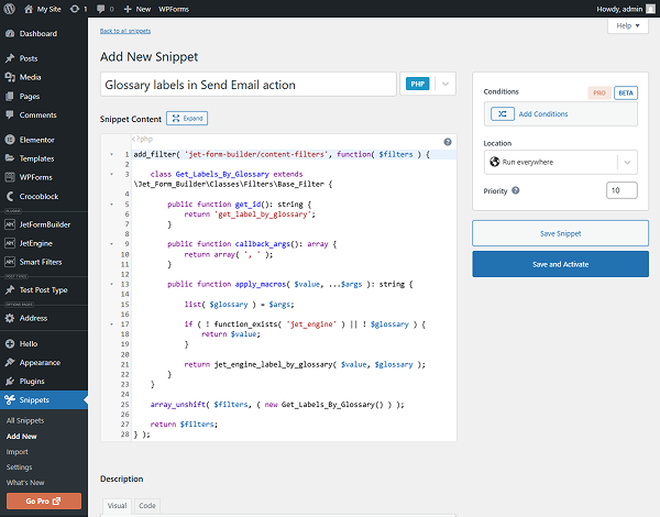 get glossary labels in send email action by snippet
