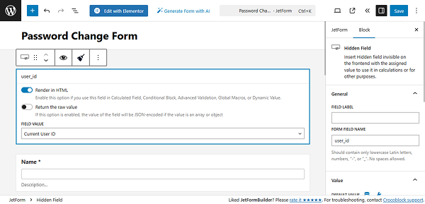 hidden field with the current user id