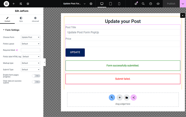 jetform widget added to the popup