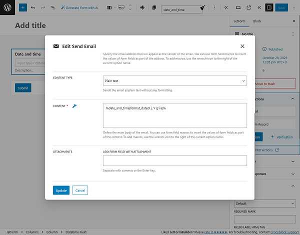 macro to format date and time in send email form action