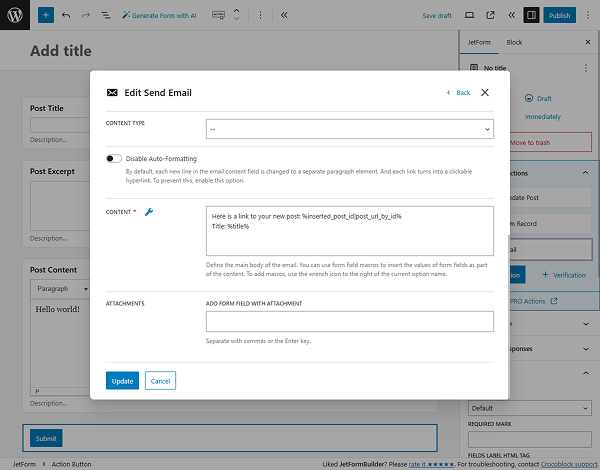 macro to insert the link of the newly created post in the send email action settings