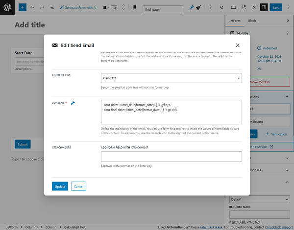 macros with form field names in the send email action content